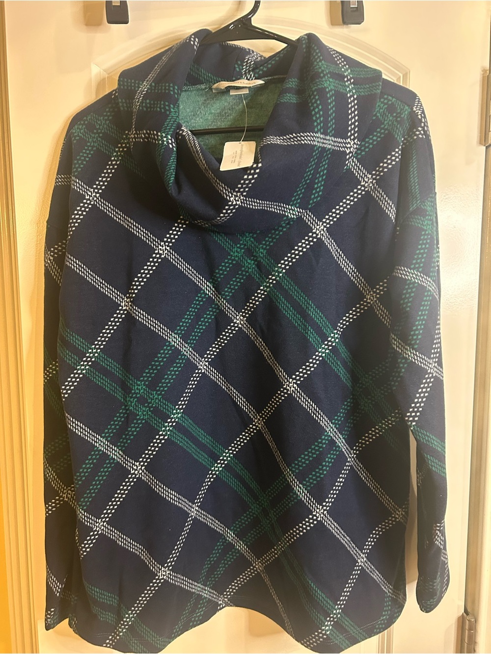 Christopher & Banks Navy, Green Plaid Cowl-Neck Sweater